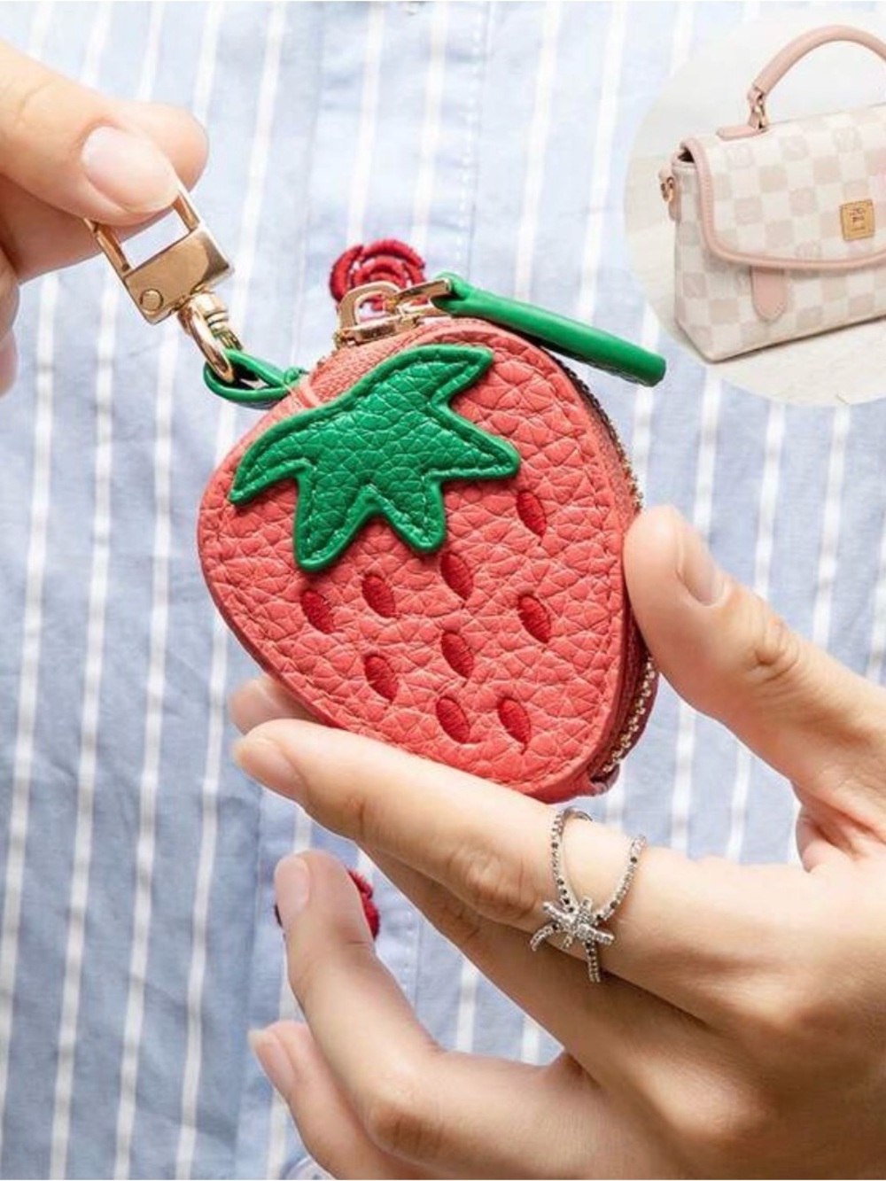 Strawberry Shaped Mini Coin Purse Keychain - Red & Green